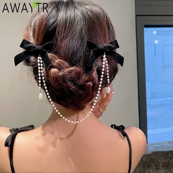 AWAYTR Tassel Elegant Vintage Bow Pearl Chain Hairpins Sweet Hair Decorate - Picture 1 of 16
